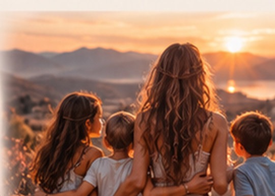 Une mère assise avec trois enfants face à un paysage au coucher du soleil