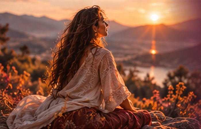 Femme assise face aux montagnes au coucher du soleil
