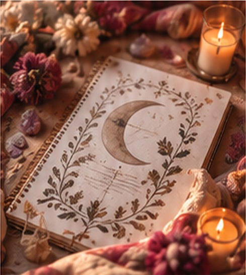 Carnet ouvert orné d'une lune et de feuillages, entouré de fleurs séchées et de bougies