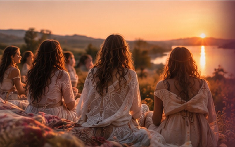 Femmes assises face au coucher de soleil sur un lac