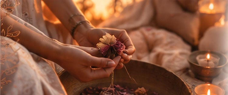 Mains nouant une fleur séchée au-dessus d'une coupe