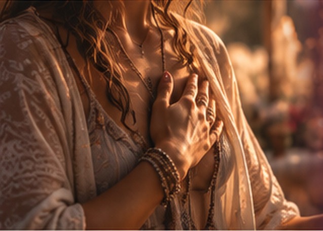 Femme les mains posées sur le cœur dans une lumière dorée