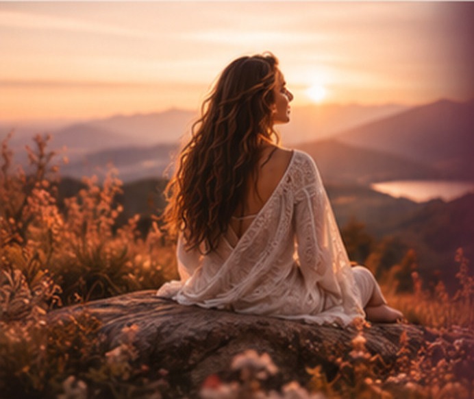 Femme assise sur un rocher face aux montagnes au coucher du soleil