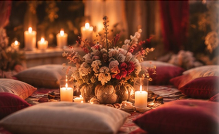 Coussins, bougies et bouquet préparés pour un cercle