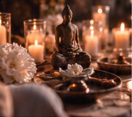 Espace de méditation entouré de bougies et de fleurs