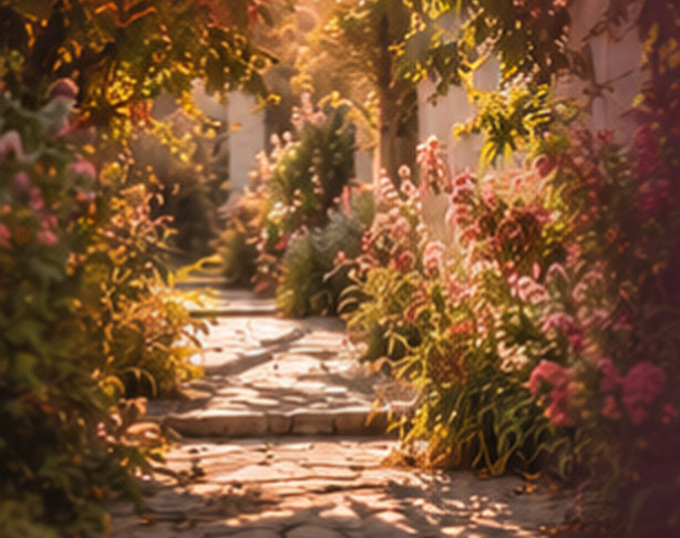 Allée de jardin fleurie dans une lumière dorée