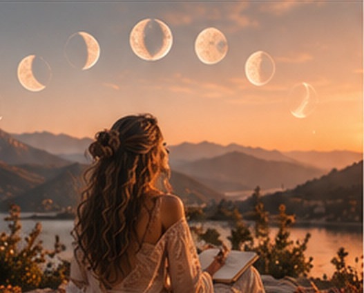 Femme contemplant les phases de la lune au-dessus des montagnes