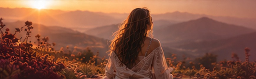 Femme face à un paysage de collines dans la lumière du soleil couchant