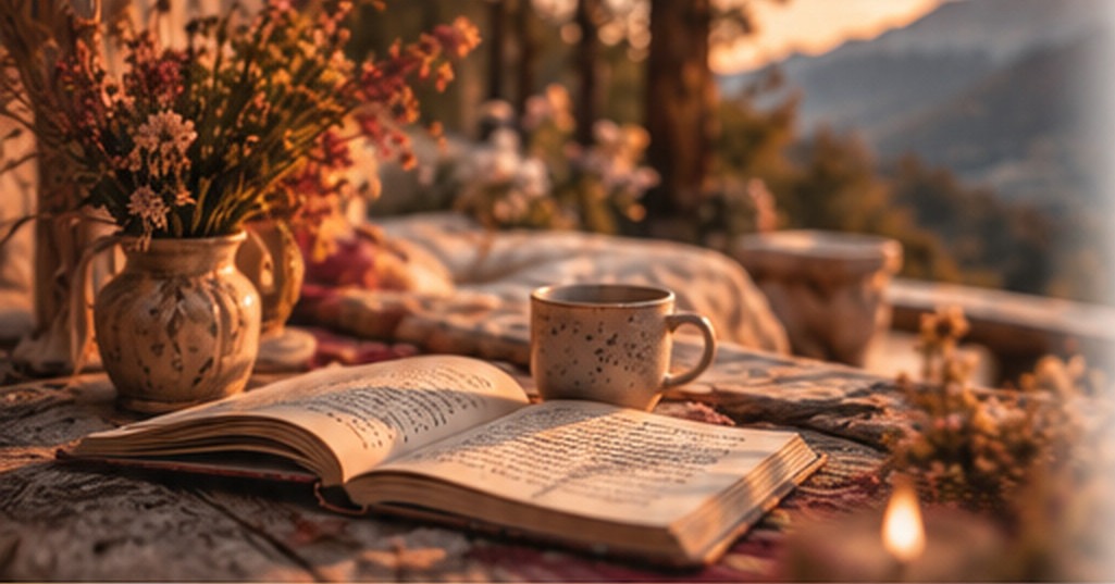 Livre ouvert et tasse fumante face aux montagnes au lever du soleil