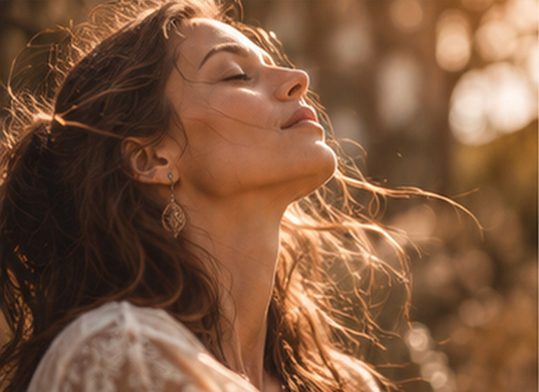 Femme les yeux fermés dans une lumière naturelle dorée