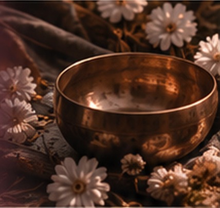 Bol chantant en cuivre entouré de fleurs blanches