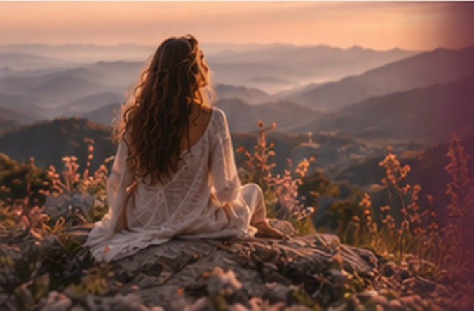 Femme assise face à un panorama de collines au crépuscule