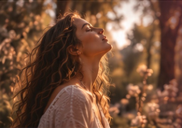 Femme au visage tourné vers la lumière parmi les arbres en fleurs