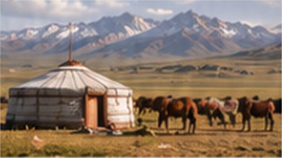 Yourte traditionnelle et chevaux dans les steppes de Mongolie