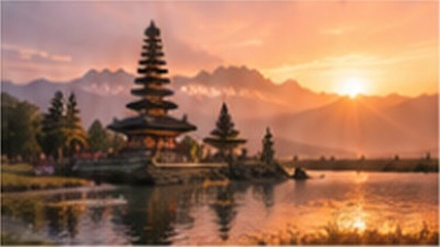 Temple balinais au bord de l'eau au coucher du soleil