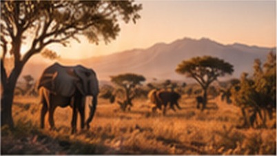 Éléphants dans la savane au coucher du soleil