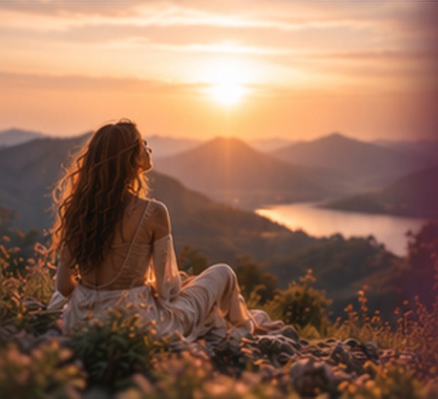 Femme assise face aux collines et à un lac au coucher du soleil
